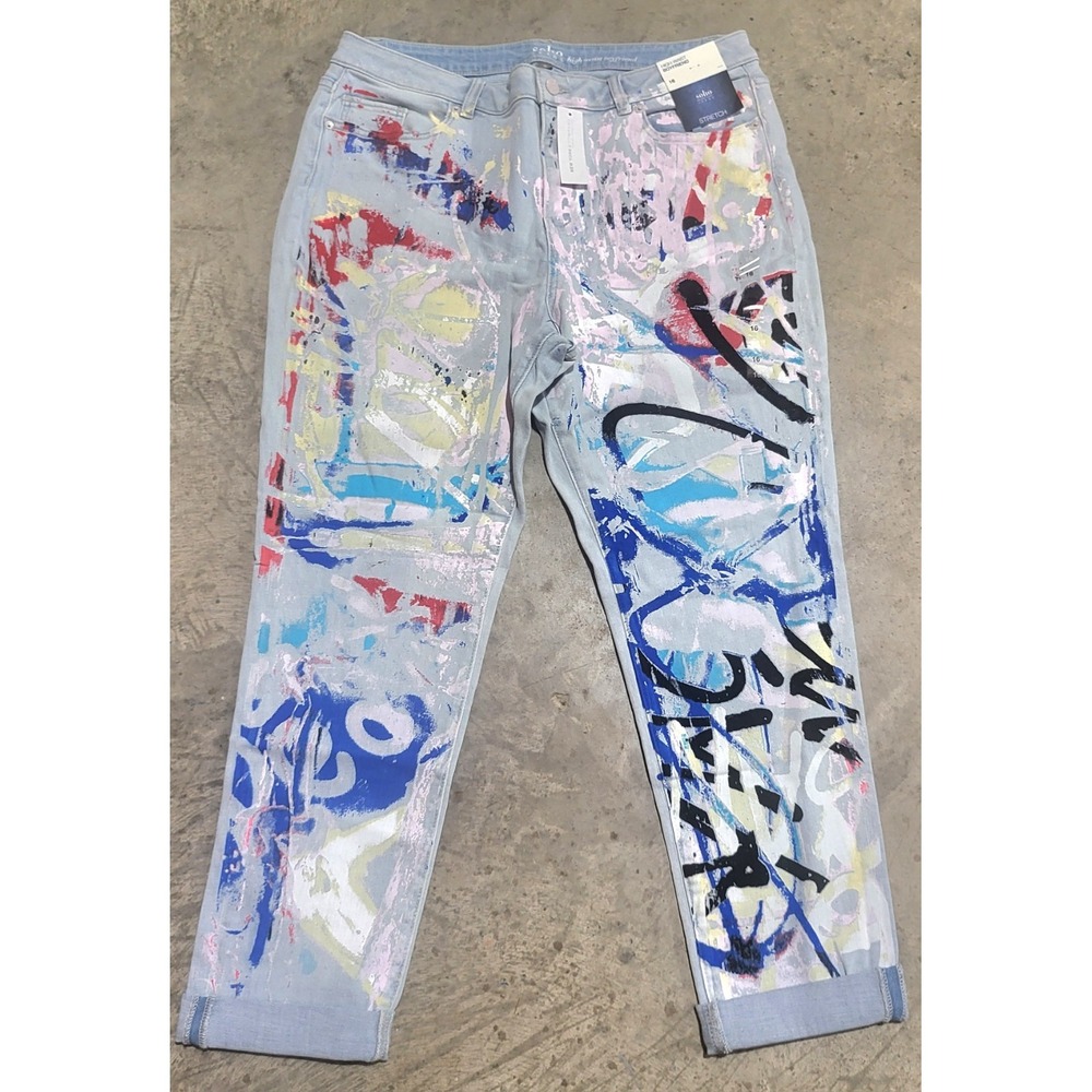 New NY&C SOHO Womens 16 High Waist Boyfriend Jeans Stretch Painted Graffiti NWT